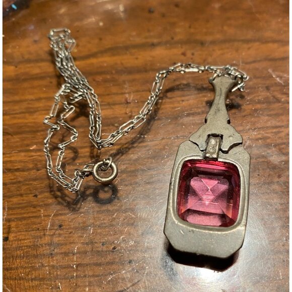 Vintage Art Deco Pink Paste & Rhinestone Pendant Necklace | 1920s Emerald Cut St - Picture 2 of 6